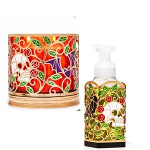 Bath & Body Works Stained Glass Skull Pumpkin Bat Candle & Soap Holder 2 Set
